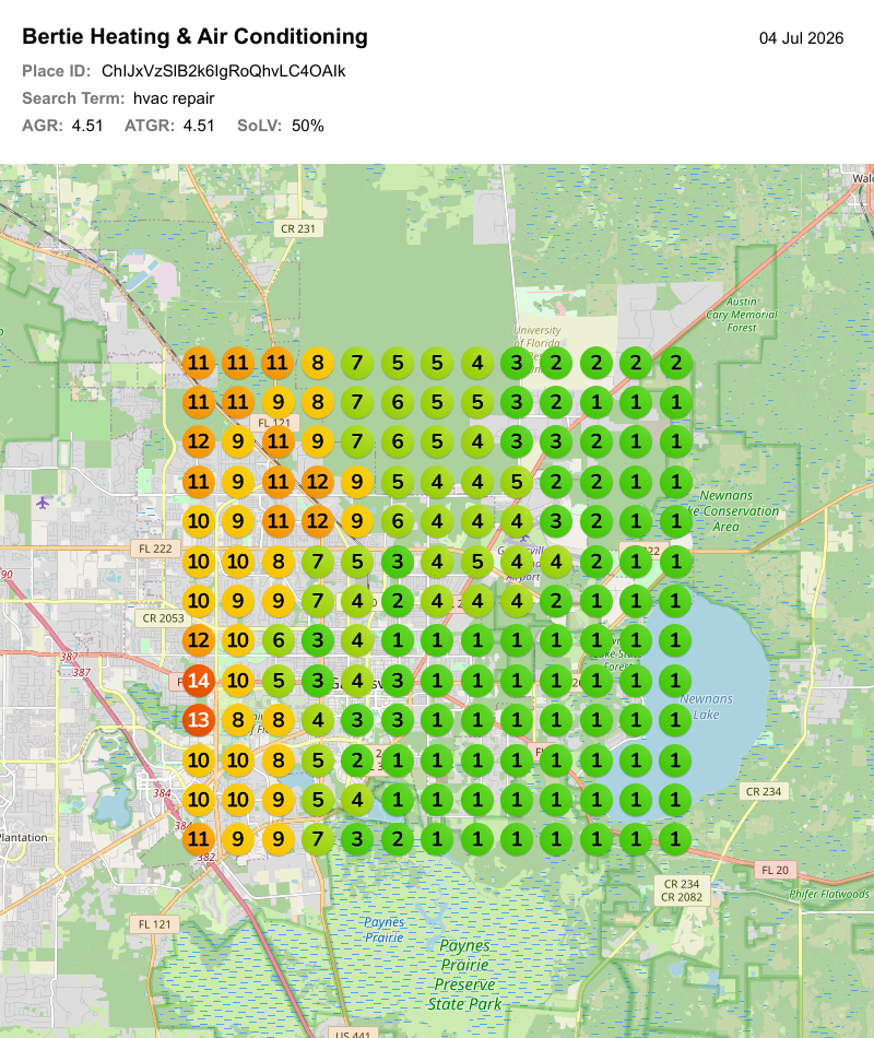 Map-pack heatmap for hvac repair, July 4 result