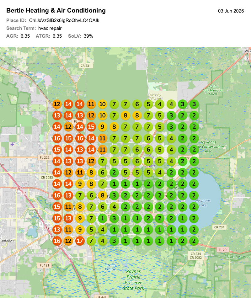 Map-pack heatmap for hvac repair, June 3 baseline